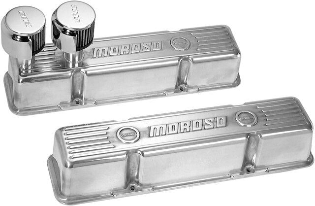 Moroso 68365 Polished Cast-Aluminum Ribbed Valve Cover (SBC, Tall, 2 Breather Tubes)