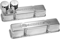 Moroso 68365 Polished Cast-Aluminum Ribbed Valve Cover (SBC, Tall, 2 Breather Tubes)