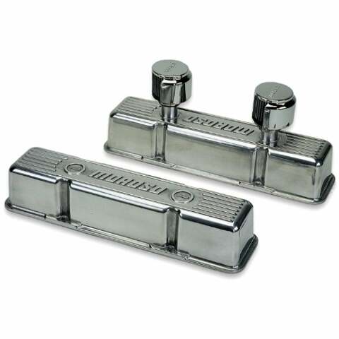 Moroso 68370 Polished Cast-Aluminum Ribbed Valve Cover (SBC, Tall, 2 Breather Tubes)