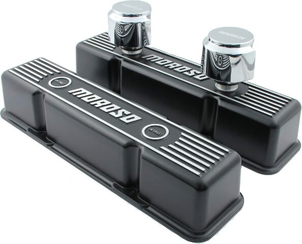 Moroso 68371 Black Cast-Aluminum Ribbed Valve Cover (SBC, Tall, 2 Breather Tubes)
