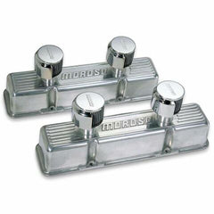 Moroso 68380 Polished Cast-Aluminum Ribbed Valve Cover (SBC, Tall, 2 Breather Tubes)