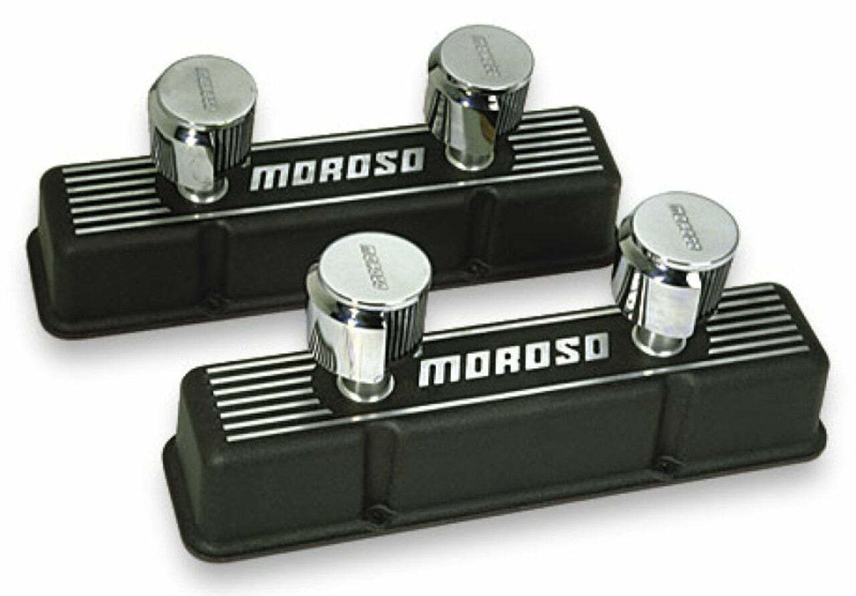 Moroso 68381 Black Epoxy Cast-Aluminum Ribbed Valve Cover (SBC, Tall, 2 Breather Tubes)