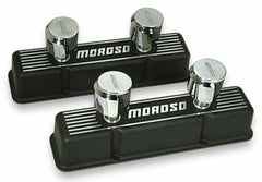 Moroso 68381 Black Epoxy Cast-Aluminum Ribbed Valve Cover (SBC, Tall, 2 Breather Tubes)