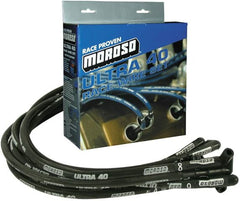 Moroso 73818 Ultra 40 Black Custom Wire Set (Sleeved, SBC, Under Header/HEI, 90? Boots)