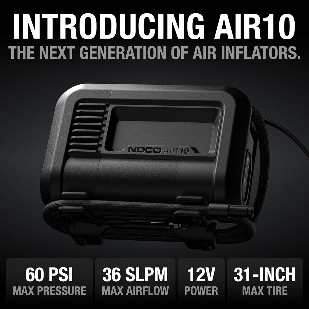 NOCO AIR10 UltraFast 10A Tire Inflator 12V Portable Air Compressor Pump Rated at 60 PSI Inflates Tires from 0-40 PSI in 3.8 Minutes with a Digital Gauge Smart Pressure and Auto-Shutoff