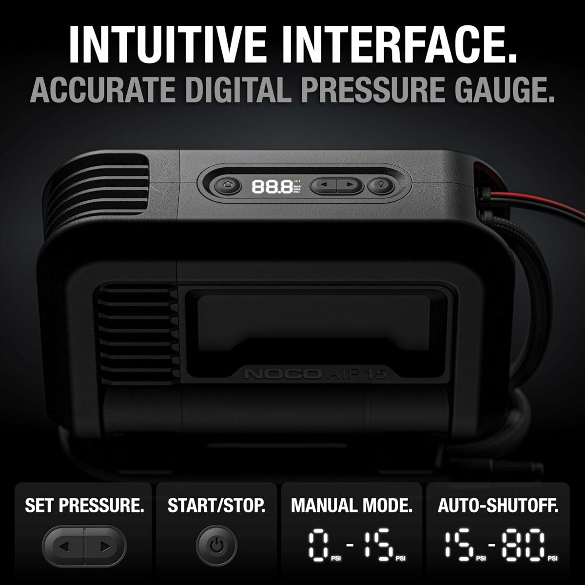 NOCO AIR15 UltraFast 15A Tire Inflator 12V Portable Air Compressor Pump Rated at 80 PSI Inflates Tires from 0-40 PSI in 2.9 Minutes with a Digital Gauge Smart Pressure and Auto-Shutoff
