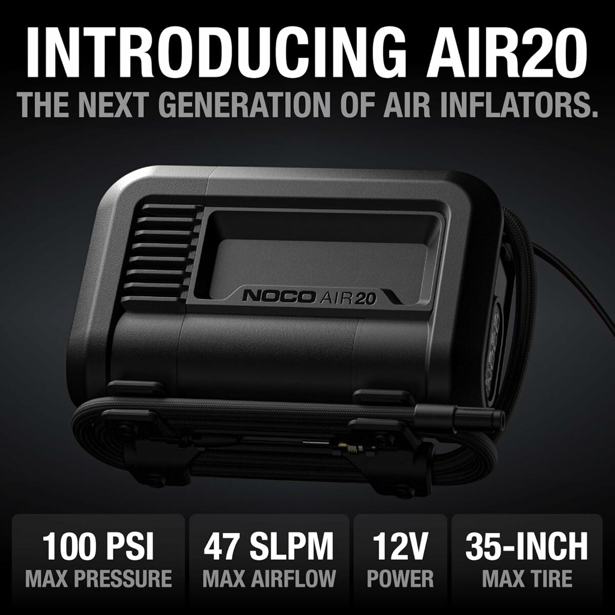 NOCO AIR20 UltraFast 20A Tire Inflator 12V Portable Air Compressor Pump Rated at 100 PSI Inflates Tires from 0-40 PSI in 2.5 Minutes with a Digital Gauge Smart Pressure and Auto-Shutoff