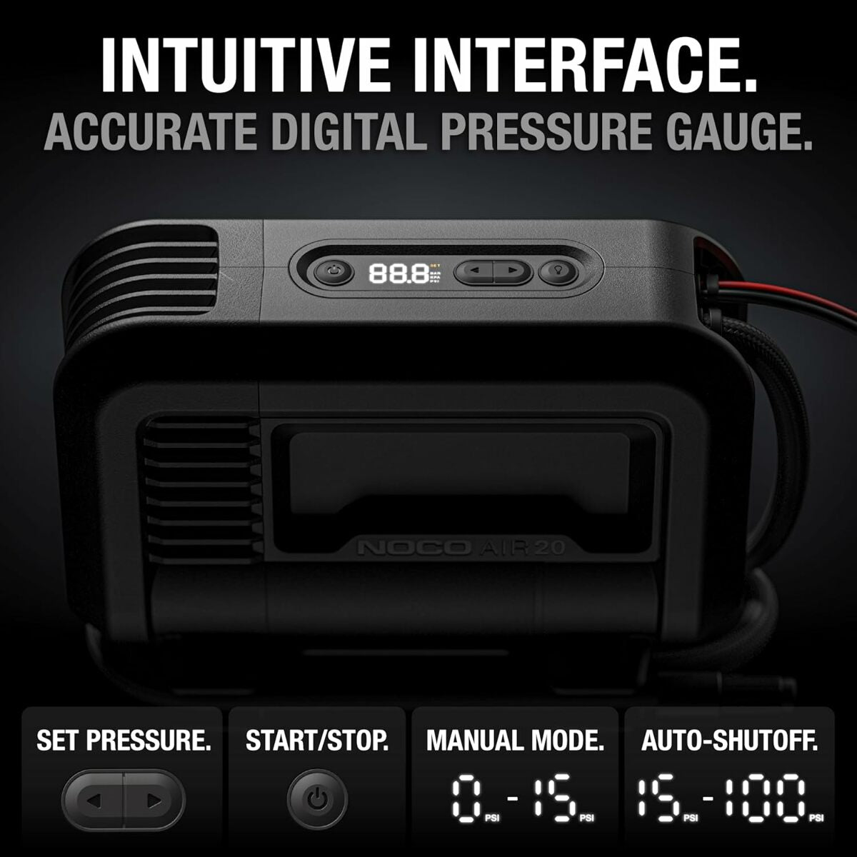 NOCO AIR20 UltraFast 20A Tire Inflator 12V Portable Air Compressor Pump Rated at 100 PSI Inflates Tires from 0-40 PSI in 2.5 Minutes with a Digital Gauge Smart Pressure and Auto-Shutoff