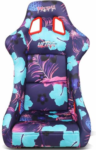 NRG Innovations FRP Bucket Seat PRISMA- PINA Version with Purple pearlized back. Violet Tropical print finish in vegan material plus phone pockets. (Large) FRP-302-PINA