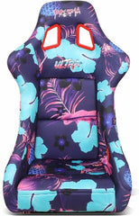NRG Innovations FRP Bucket Seat PRISMA- PINA Version with Purple pearlized back. Violet Tropical print finish in vegan material plus phone pockets. (Large) FRP-302-PINA