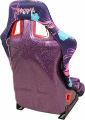 NRG Innovations FRP Bucket Seat PRISMA- PINA Version with Purple pearlized back. Violet Tropical print finish in vegan material plus phone pockets. (Large) FRP-302-PINA