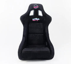 NRG Innovations FRP Bucket Seat PRISMA Edition with pearlized back. All Black alcantara vegan material special ultra embroidery (XLARGE) FRP-304BK-ULTRA