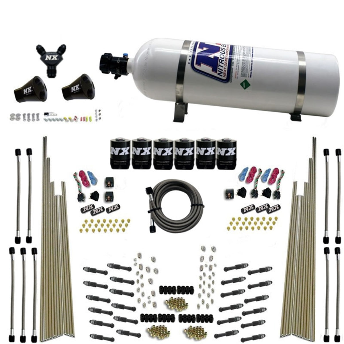 Nitrous Express 8 Cyl Dry Direct Port, Three Stage, 6 Solenoids, with 15LB Bottle (200-600HP) 93206-15