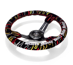 NRG Innovations Reinforced Steering Wheel - Ryan Litteral Signature  3" Deep, 5 mm black  spoke with slit spokes. red Alcantara, Red Stitching, Flame Embroidery"Scare Money Don't Make Money" Finish. RST-018MB-RLB