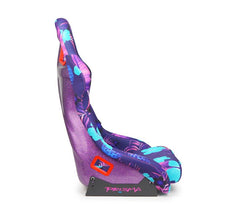 NRG Innovations FRP Bucket Seat PRISMA- PINA Version with Purple pearlized back. Violet Tropical print finish in vegan material plus phone pockets. (Medium) FRP-303-PINA