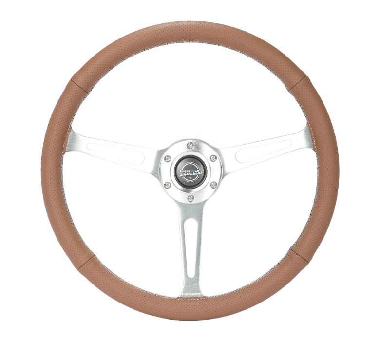 NRG Innovations Reinforced Classic Wheel, 380mm, 3 spoke center with silver finish, 1" Deep Dish with Perforated Brown Leather  RST-380-CIRCUIT-BR
