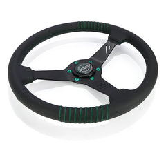 NRG Innovations Steering Wheel - 20 Year Anniversary Black Perforated Leather, Emerald Stitching, Reinforced Spoke, 1.5" Dish, 340 MM RST-037MB-B-20