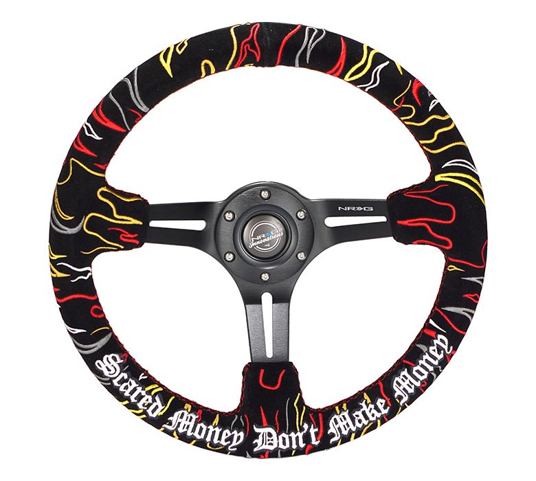 NRG Innovations Reinforced Steering Wheel - Ryan Litteral Signature  3" Deep, 5 mm black  spoke with slit spokes. red Alcantara, Red Stitching, Flame Embroidery"Scare Money Don't Make Money" Finish. RST-018MB-RLB