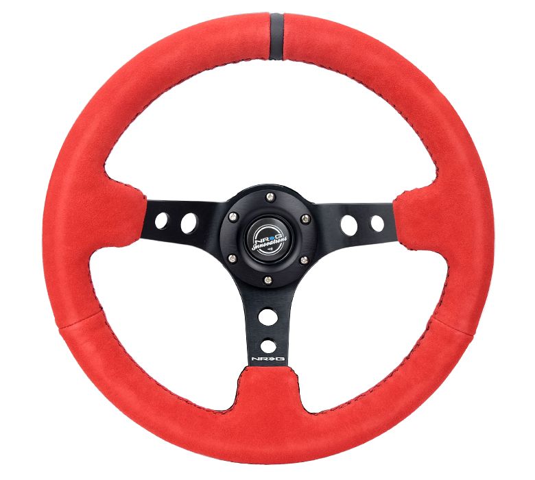 NRG Innovations Reinforced Steering Wheel - 350MM Sport Steering Wheel (3" Deep) - Red Suede w/ Black sttiching and Black stripe RST-006S-RR-B