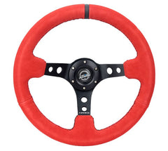 NRG Innovations Reinforced Steering Wheel - 350MM Sport Steering Wheel (3" Deep) - Red Suede w/ Black sttiching and Black stripe RST-006S-RR-B