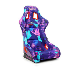 NRG Innovations FRP Bucket Seat PRISMA- PINA Version with Purple pearlized back. Violet Tropical print finish in vegan material plus phone pockets. (Medium) FRP-303-PINA