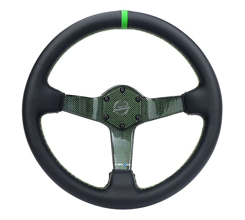 NRG Innovations CARBON FIBER STEERING WHEEL 350mm Green Carbon Fiber, Green stiching, Green center mark, Leather RST-036CF-GN