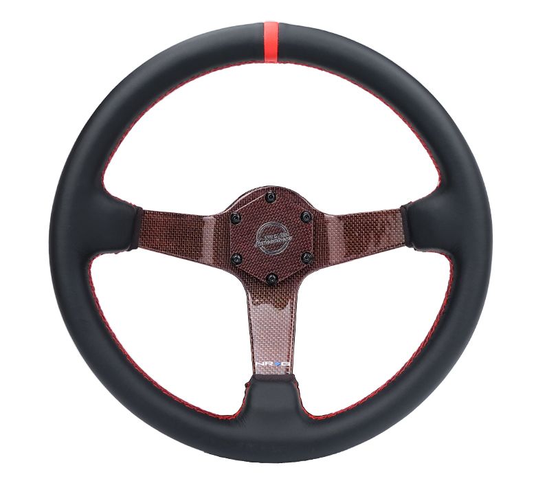 NRG Innovations CARBON FIBER STEERING WHEEL 350mm Red Carbon Fiber, Red stiching, Red center mark, Leather RST-036CF-RD