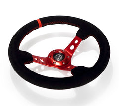 NRG Innovations Reinforced Steering Wheel - 350mm Sport Steering Wheel (3" Deep) - Red Spoke w/ Round holes / Black Leather / Red Stitching / Red Center Mark RST-006S-RD