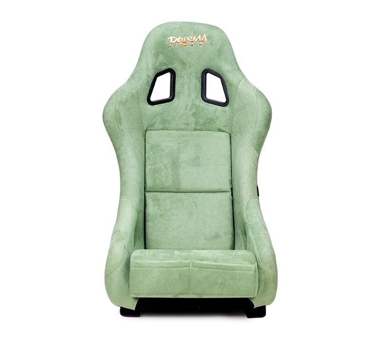 NRG Innovations FRP Bucket Seat PRISMA Edition with pearlized back. All Olive alcantara vegan material w/ phone pockets. (Medium) FRP-303OL-PRISMA