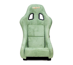 NRG Innovations FRP Bucket Seat PRISMA Edition with pearlized back. All Olive alcantara vegan material w/ phone pockets. (Medium) FRP-303OL-PRISMA