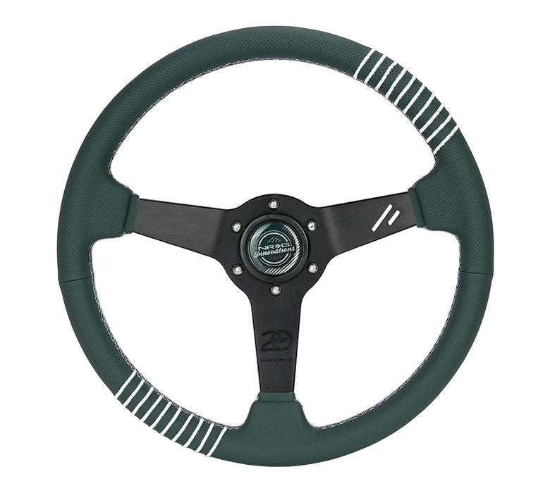 NRG Innovations Steering Wheel - 20 Year Anniversary Emerald Perforated Leather, Silver Stitching Reinforced Spoke, 1.5" Dish, 340 MM RST-037MB-G-20