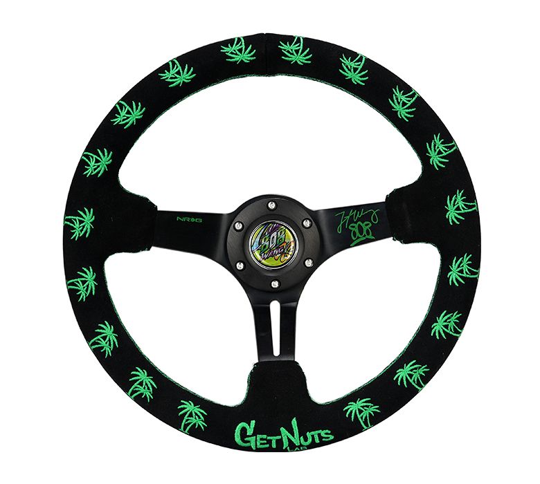 NRG Innovations Reinforced Steering Wheel - Forrest Wang Signature 3" Deep, 5mm Solid Signature Spoke, 350mm Sport Steering Wheel Black Suede w/ Green Palm Trees RST-020MB-FW