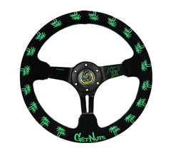 NRG Innovations Reinforced Steering Wheel - Forrest Wang Signature 3" Deep, 5mm Solid Signature Spoke, 350mm Sport Steering Wheel Black Suede w/ Green Palm Trees RST-020MB-FW