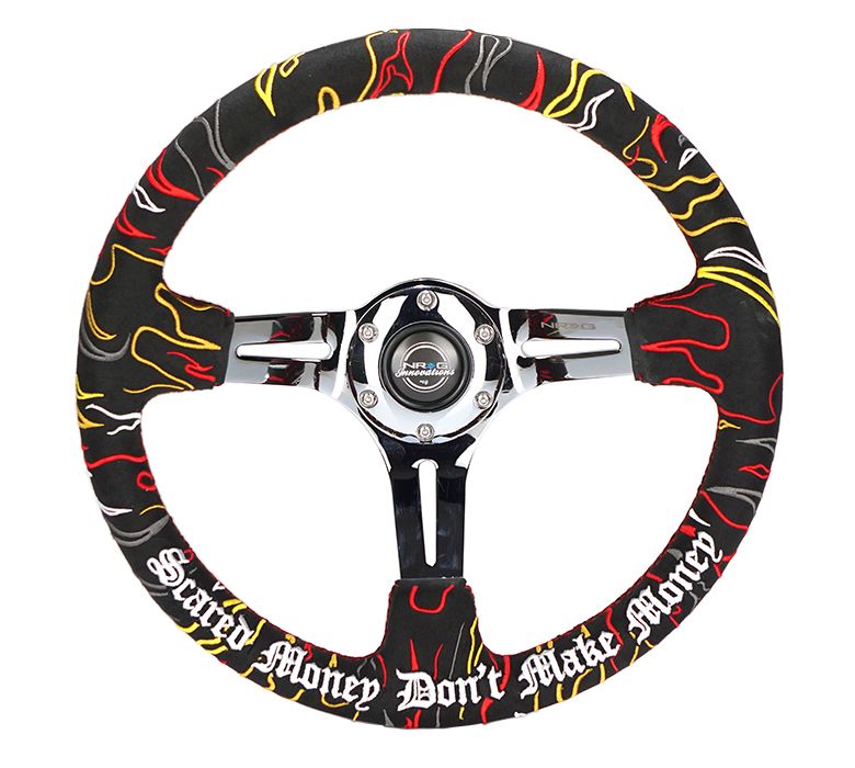 NRG Innovations Reinforced Steering Wheel - Ryan Litteral Signature  3" Deep, 5 mm chrome spoke with slit spokes. Black Alcantara, Red Stitching, Flame Embroidery"Scare Money Don't Make Money" Finish. RST-018CH-RLB