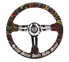 NRG Innovations Reinforced Steering Wheel - Ryan Litteral Signature  3" Deep, 5 mm chrome spoke with slit spokes. Black Alcantara, Red Stitching, Flame Embroidery"Scare Money Don't Make Money" Finish. RST-018CH-RLB