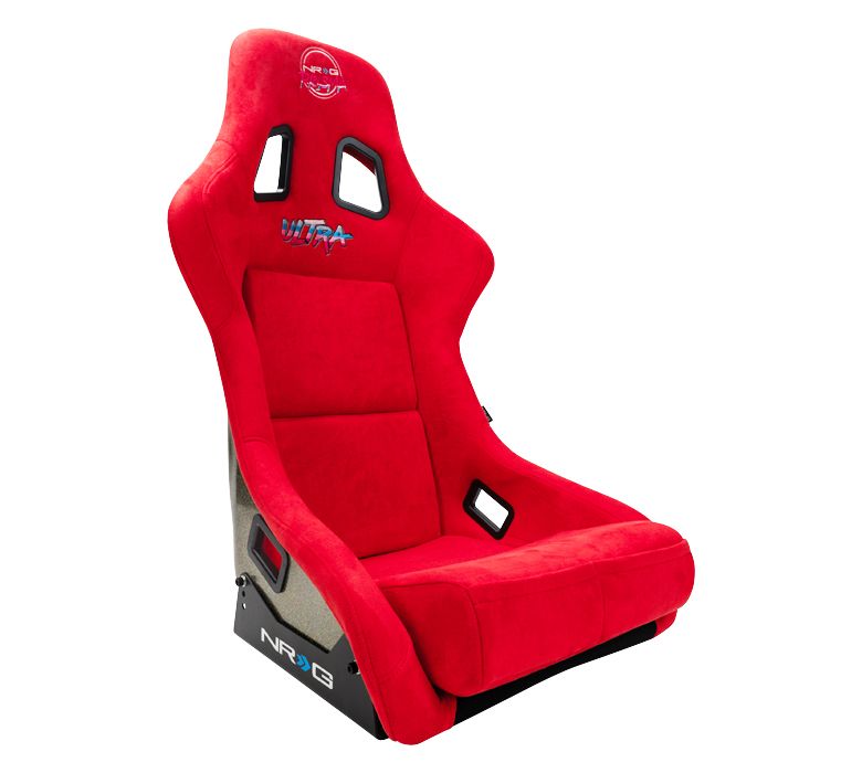 NRG Innovations FRP Bucket Seat PRISMA Edition with pearlized back. All Red alcantara vegan material special ultra embroidery (XLARGE) FRP-304RD-ULTRA