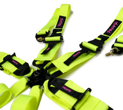 NRG Innovations FIA Approved 6pt 2 inch Shoulder Belt for HANS device. Rotary Cam Lock Buckle, 3" Waist Belt and Crutch Belt - Neon Yellow w/ Prisma logo SBH-HRS6PCFYL-P