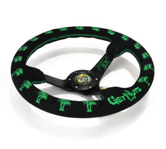 NRG Innovations Reinforced Steering Wheel - Forrest Wang Signature 3" Deep, 5mm Solid Signature Spoke, 350mm Sport Steering Wheel Black Suede w/ Green Palm Trees RST-020MB-FW