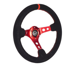 NRG Innovations Reinforced Steering Wheel - 350mm Sport Steering Wheel (3" Deep) - Red Spoke w/ Round holes / Black Leather / Red Stitching / Red Center Mark RST-006S-RD