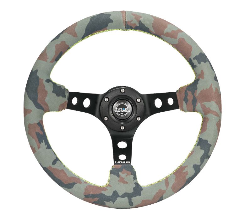 NRG Innovations Reinforced Steering Wheel- 320mm Sport  / Suede Steering Wheel w/ camo pattern and green stiching RST-012S-CAMO