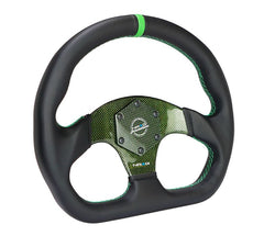 NRG Innovations CARBON FIBER STEERING WHEEL 320MM GREEN CARBON FIBER CENTER W/ GREEN STITCH GREEN CENTER MARK FLAT BOTTOM RST-024CF/GN