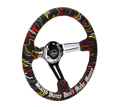 NRG Innovations Reinforced Steering Wheel - Ryan Litteral Signature  3" Deep, 5 mm chrome spoke with slit spokes. Black Alcantara, Red Stitching, Flame Embroidery"Scare Money Don't Make Money" Finish. RST-018CH-RLB