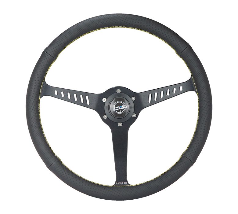 NRG Innovations Reinforced Classic Stealth Wheel, 380mm, 3 spoke center with diagnal slits, 1" Deep Dish with Perforated Leather and Yellow Stitching RST-380-STL-Y