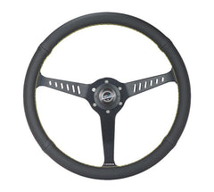 NRG Innovations Reinforced Classic Stealth Wheel, 380mm, 3 spoke center with diagnal slits, 1" Deep Dish with Perforated Leather and Yellow Stitching RST-380-STL-Y