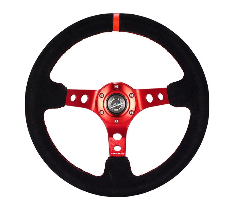 NRG Innovations Reinforced Steering Wheel - 350mm Sport Steering Wheel (3" Deep) - Red Spoke w/ Round holes / Black Leather / Red Stitching / Red Center Mark RST-006S-RD