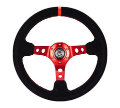 NRG Innovations Reinforced Steering Wheel - 350mm Sport Steering Wheel (3" Deep) - Red Spoke w/ Round holes / Black Leather / Red Stitching / Red Center Mark RST-006S-RD