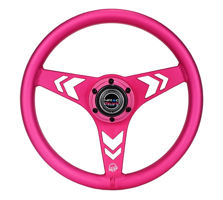 NRG Innovations All Aluminum Steering Wheel 330mm - Arow Cutout- Ergonomic Grip- Anadized Pink RST-070-PK