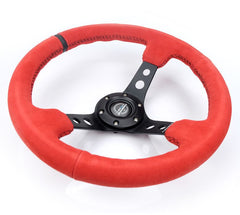 NRG Innovations Reinforced Steering Wheel - 350MM Sport Steering Wheel (3" Deep) - Red Suede w/ Black sttiching and Black stripe RST-006S-RR-B