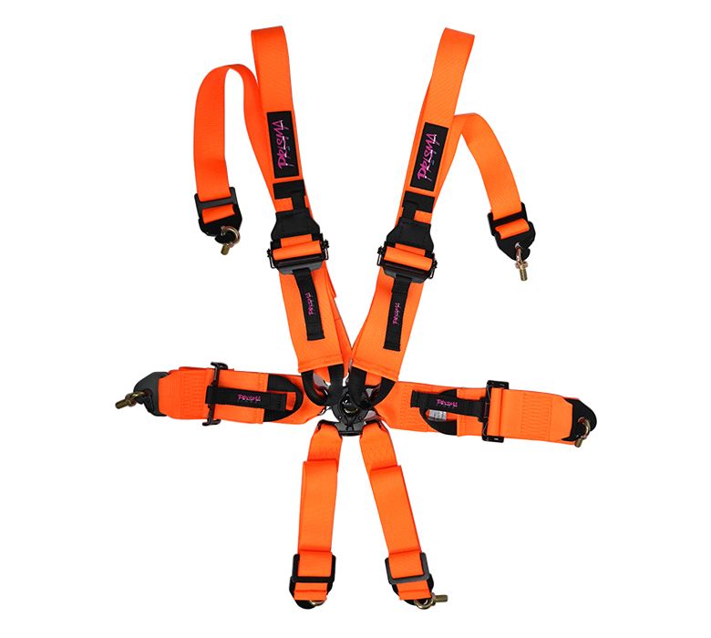 NRG Innovations FIA Approved 6pt 2 inch Shoulder Belt for HANS device. Rotary Cam Lock Buckle, 3" Waist Belt and Crutch Belt - Neon Orange w/ Prisma logo SBH-HRS6PCFOR-P