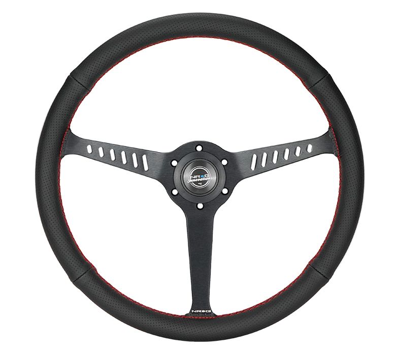 NRG Innovations Reinforced Classic Stealth Wheel, 380mm, 3 spoke center with diagnal slits, 1" Deep Dish with Perforated Leather and Red Stitching RST-380-STL-R